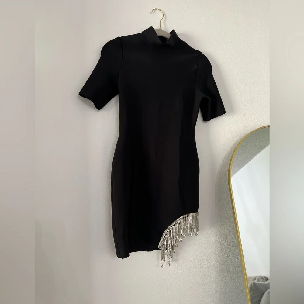 Black Mock-Neck Bandage Bodycon Mini Dress with Rhinestone detail on right side - Picture 8 of 11